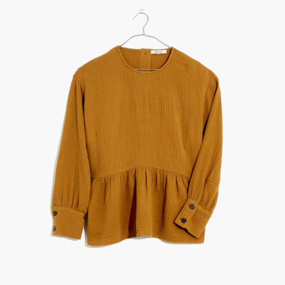 Madewell Lightspun Gauze Button-Back Peplum Top, S